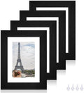 Hongkee 5x7 Picture Frame Set of 4, Made of Real Glass and Rustic Black Wooden Frame, 5 by 7 Photo for Wall or Tabletop - Display Picture 4x6 with Mat or 5x7 Without Mat