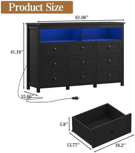 Wodeer 9 Drawer Dresser for Bedroom with LED Lights, Charging Station, Wood Chest of Drawers with Metal Handles, Modern TV Stand & Storage Organizer for Living Room, Hallway, Black