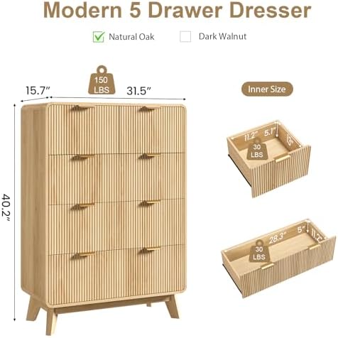 QUW Fluted 5 Drawers Dresser for Bedroom, Modern 40.2" Tall Drawer Dressers with Metal Handle, Wooden Chest of Dresser for Living Room, Hallway, Solid Wood Legs, Curved Profile Design, Natural Oak