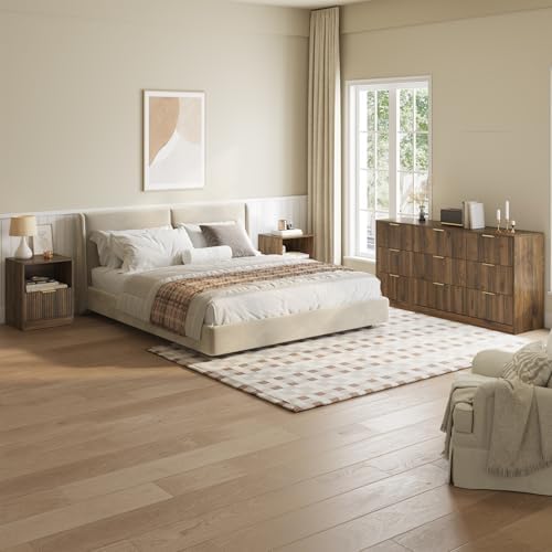 3-Piece 9 Drawer Dresser and 1-Drawer Nightstand Set, Walnut丨63 Wide Fluted Bedroom Dresser Set Night Stand Set of 2, Modern Wood Chest of Drawers Storage Dressers Set for Bedroom