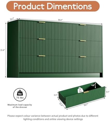 Furniway Green Dresser for Bedroom, Modern Dresser with 6 Drawers and Smooth Slides, Wide Chest of Drawers with Golden Handles for Bedroom, Living Room, Closet, 15.7" D x 55.1" W x 31.4" H