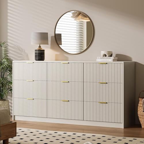 MAISONARIA Beige 9 Drawer Dresser for Bedroom, 63" Wide Modern Fluted Dresser with Gold Metal Handles, Chest of Drawers for Bedroom, Living Room, Entryway, Hallway
