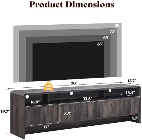 AMERLIFE 70" Modern Curved TV Stand with Storage for TVs Up to 80"