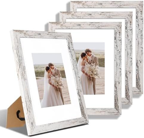 Hongkee 9x12 Picture Frame Set of 4, Made of Glass and Distressed White Wooden Frame - Display Picture 6x8 with Mat or 9 x 12 Without Mat, 9 by 12 Photo for Wall or Tabletop
