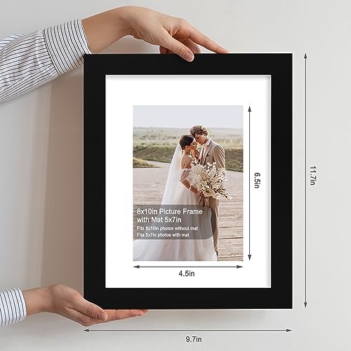 Hongkee 8x10 Picture Frame Set of 4, Made of Real Glass and Black Wooden Frame, 8 by 10 Photo for Wall or Tabletop - Display Picture 5x7 with Mat or 8x10 Without Mat