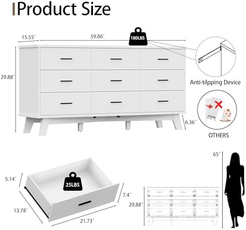 Xixini Dresser for Bedroom, 9 Drawer Wide Modern Chest of Drawers with X-Shaped Sturdy Base, Wood Double Dresser Closet Clothes Storage Organizer, Wooden TV Stand for Living Room, Hallway, White