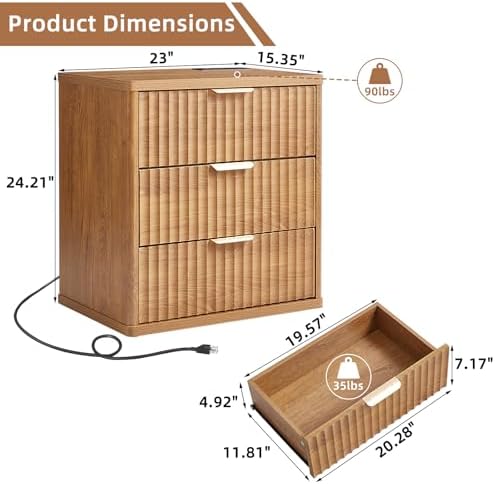 LEYAOYAO Fluted Nightstand Set of 2 with Charging Station,23" Modern Nightstand with Woodgrain Top, 3 Drawer End Table w/Storage, BedsideTables for Bedroom, Living Room, Curved Profile,Brown