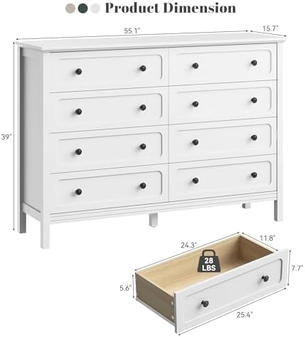 CARPETNAL 55" White Dresser for Bedroom with 8 Drawer & Deep Drawers