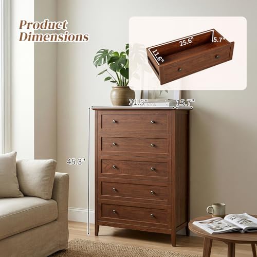 Karl home Brown Farmhouse 5 Drawers Tall Dresser, Bedroom Storage Chest