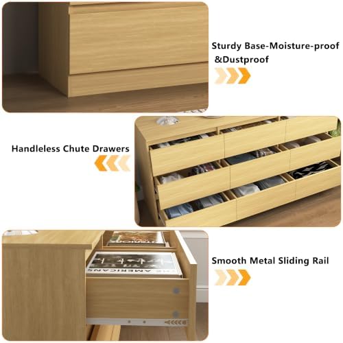 Vibe & Dine 9 Drawer Dresser, 59.1" Long Dresser for Bedroom Free Handle, Modern Wooden Chest of Drawers with Wide Storage for Living Room, Natural Wood