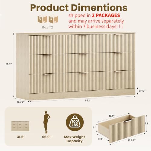 MALOL Fluted 9 Drawer Dresser for Bedroom, 59" Wide Wood Chest of Drawers with Metal Handle, Long Dresser Storage Organizer TV Stand for Closet, Living Room, Hallway, Natural Wood