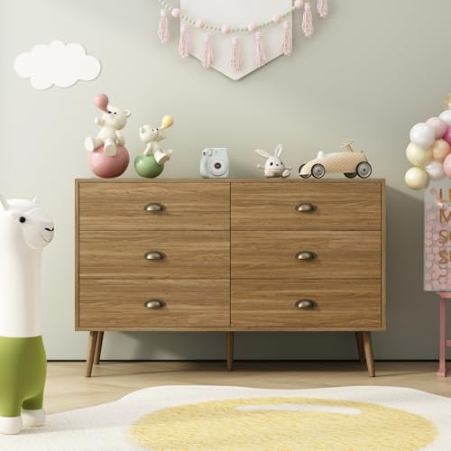 Oak 6 Drawer Dresser for Bedroom, 47" Wood Dresser with Gold Handles.