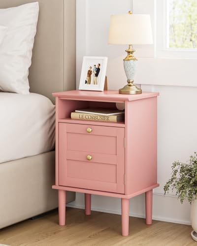 Nightstand, Boho Night Stand with 1 Drawers, Modern Side Accent Table with Open Shelf, Wooden Top Bedside End Table for Bedroom, Living Room, Pink
