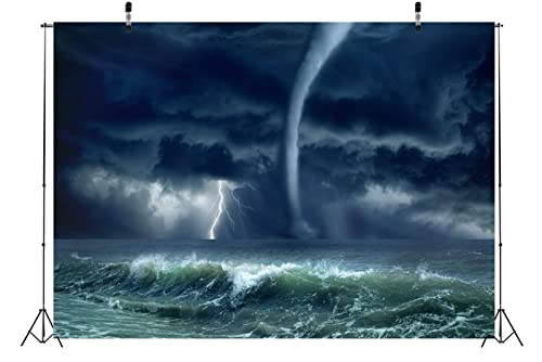 7x5ft Fabric Hurricane in The Ocean Photography Backdrop Lighting Storm and Grey Sky Background Horror Disaster Scenery Decorations Halloween Themed Party Photoshoot Booth Studio Props - size: 7x5FT