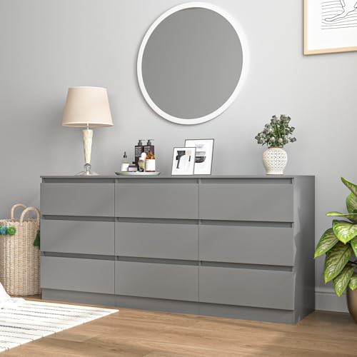 VERYKE Grey 9 Drawer Dresser for Bedroom,Chest of Drawers with No-Handle Design for Closet,Modern Wood Dresser Bedroom Storage Furniture
