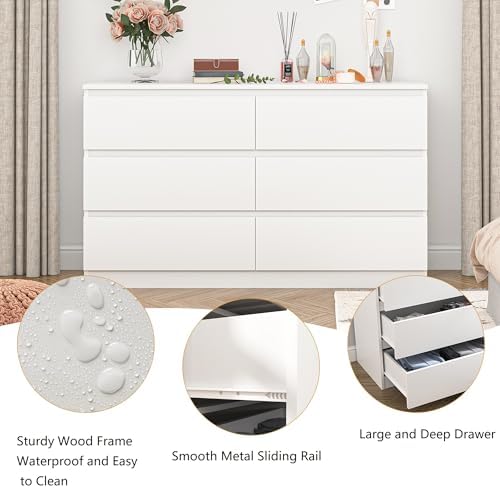 VERYKE White 6 Drawer Dresser for Bedroom,Chest of Drawers with No-Handle Design for Closet,Modern Wood Dresser Bedroom Storage Furniture