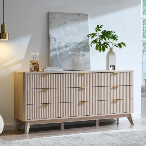 T4TREAM 63" Wide Fluted 9 Drawer Dresser for Bedroom, White Alder