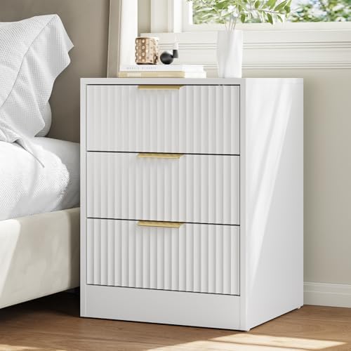 3 Pcs White 8 Drawer Dresser & 3-Drawer Nightstand Set丨Tall Fluted Dresser and Night Stand Set of 2 with Metal Handle, Modern Wood Chest of Drawers Storage Dressers Set for Bedroom