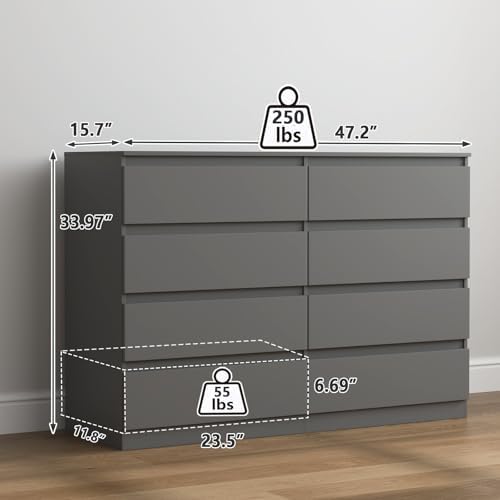 Vibe & Dine 8 Drawer Double Dresser, Modern Chest of Drawers with Wide Storage for Closet, Bedroom, Living Room, Grey