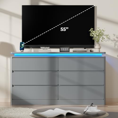6 Drawer Dresser for Bedroom,47.24" Long Grey Chest of Drawers w/LED Lights