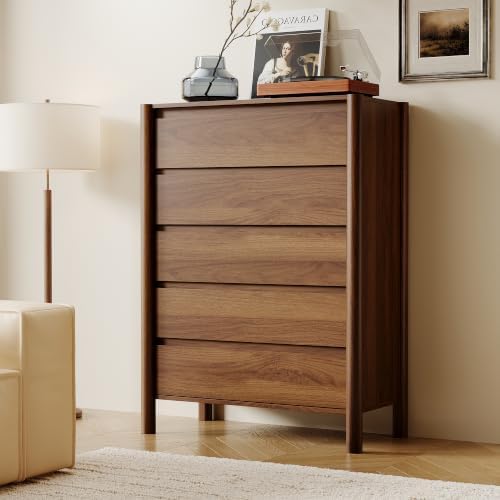 HOUROM Walnut Dresser for Bedroom,45"Tall 5 Drawer Mid Century Modern Chest