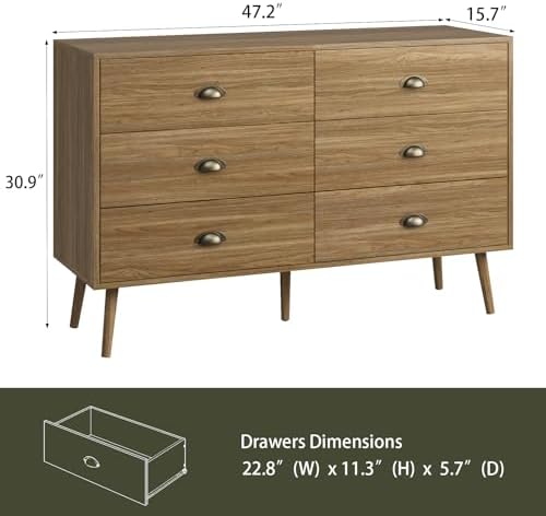 Oak 6 Drawer Dresser for Bedroom, 47" Wood Dresser with Gold Handles.