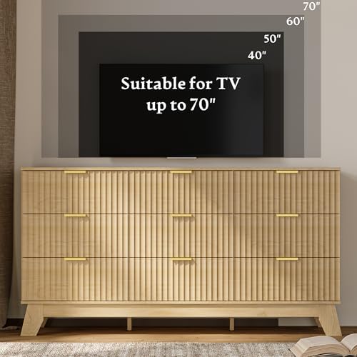 HUANLEGO Fluted Dresser for Bedroom with 9 Drawers, Oak