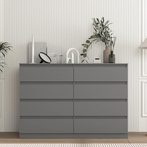 Vibe & Dine 8 Drawer Double Dresser, Modern Chest of Drawers with Wide Storage for Closet, Bedroom, Living Room, Grey