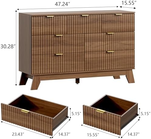 Wodeer 7 Drawer Fluted Dresser for Bedroom, Mid Century Modern Wooden Dresser with 7 Drawers, Dressers & Chests of Drawers with Metal Handle, TV Stand & Storage Organizer for Entryway, Hallway, Walnut