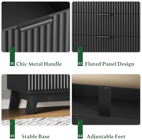 Xixini Fluted Dresser with 6 Drawers, 54" Wide Modern Chest of Drawers with Metal Handle, Wooden Dresser TV Stand, Wood Closet Clothes Storage Organizer for Bedroom, Living Room, Hallway, Solid Black