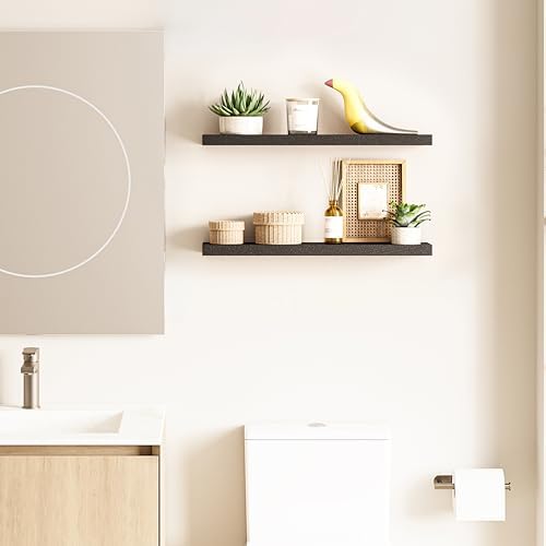 Ballucci Floating Shelf, 2-Pack 24" Black Floating Shelves for Wall, Wood Wall Shelf for Home Décor, Floating Shelves for Bathroom, Living Room, Bedroom, 8" Deep Wall Shelves