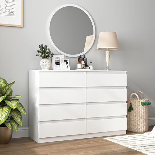 Vibe & Dine Double Dresser 8 Drawer, Modern Wooden Chest of Drawers with Wide Storage for Closet, Bedroom, Living Room, White