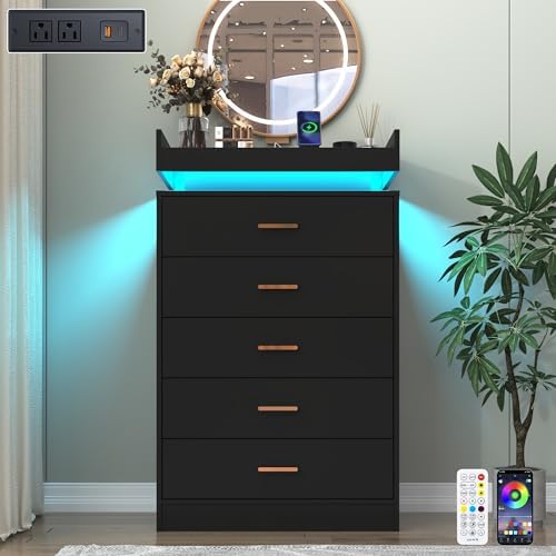 Hlivelood 5 Drawer Dresser with LED Light and Charging Station, Modern Chest of Drawers for Closet, Wide Drawer Organizer Cabinet, Living Room, Entryway, Hallway, Black