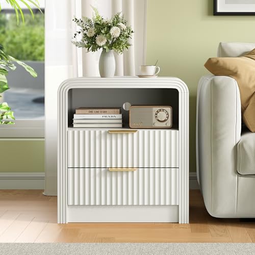 Decofy Fluted Nightstand with Charging Station, 2 Drawers, White