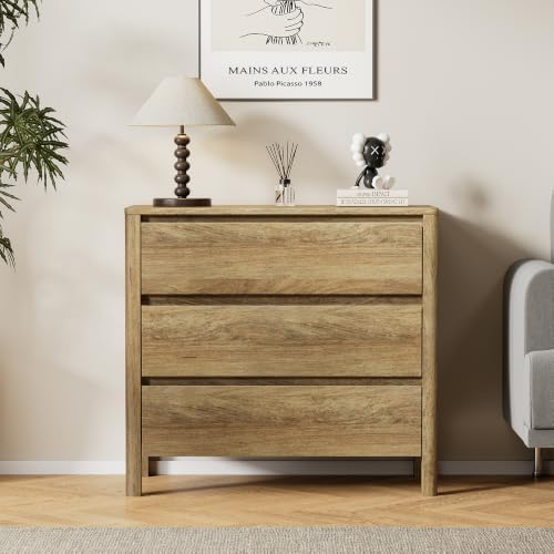 Furniway 31.5" Wide 3 Drawer Wood Dresser for Bedroom, Natural Oak