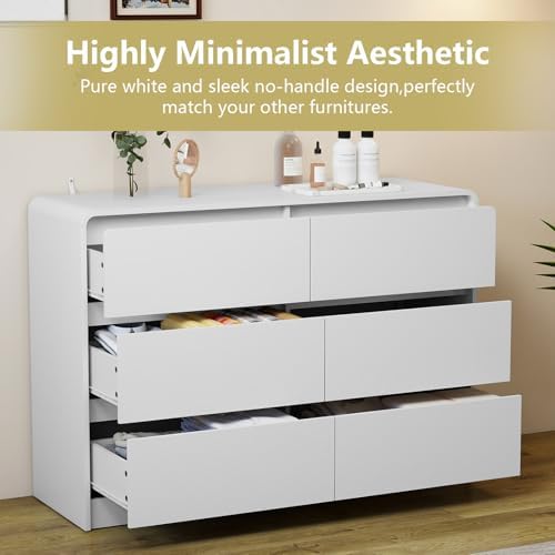 White 6 Drawer Dresser for Bedroom,Modern Deep Drawer Dresser with Curved Corner and No-Handle Design,Storage Wide Chest of Drawer,Wood Bedroom Storage Furniture for Closet,Nursery