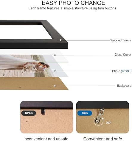 Hongkee 6x9 Picture Frame Set of 4, Made of Real Glass and Black Wooden Frame - 6 by 9 Photo for Wall or Tabletop Display