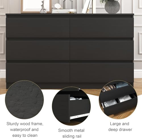 Black 6 Drawer Dresser for Bedroom, Modern Deep Drawer Dresser,Wide Chest of Drawers for Bedroom,Wood Storage Organizer Furniture,TV Dresser for Living Room