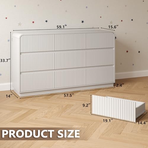 BORNOON Dresser for Bedroom with 9 Drawers, Fluted Chest of Drawers with Round Curved Corner, Hidden Handles, Modern Wood Storage Organizer for Bedroom, Nursery, Living Room