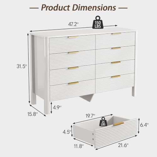 Fluted 8 Drawer Dresser, 47" High Gloss Dresser for Bedroom, White