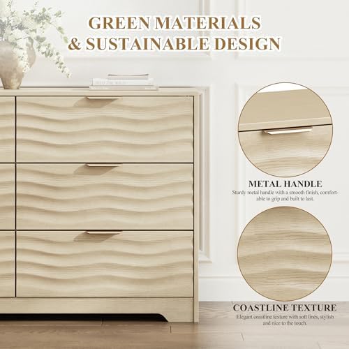 MALOL 6 Drawer Dresser for Bedroom,55" Wide Large Wooden Storage Organizer Chest of Drawers,Modern Wooden Closet Storage Chest/TV Stand with Metal Handles,for Living Room,Hallway,Entryway,NaturalWood