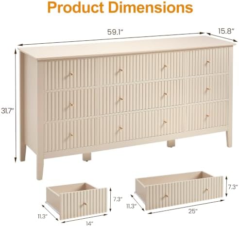 RoyalCraft Fluted Dresser for Bedroom with 9 Drawers, 59" Wide Long Dresser