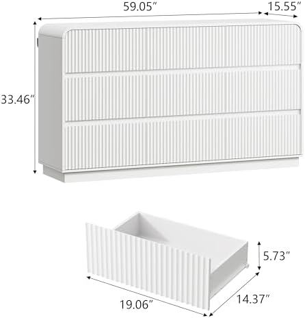 Wodeer White Dresser Fluted 9 Drawers Dresser for Bedroom, 59" Wide Wood Chest of Drawers with Hidden Handles & Rounded Corners, Modern TV Stand Storage Cabinet for Living Room, Hallway, Entryway