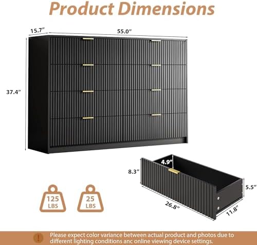 MAISONARIA Dresser for Bedroom, 8 Drawer Double Dresser, Modern Chest of Drawers for Bedroom, Living Room, Entryway and Closet, 55" L x 15.7" D x 37.4" H, Black