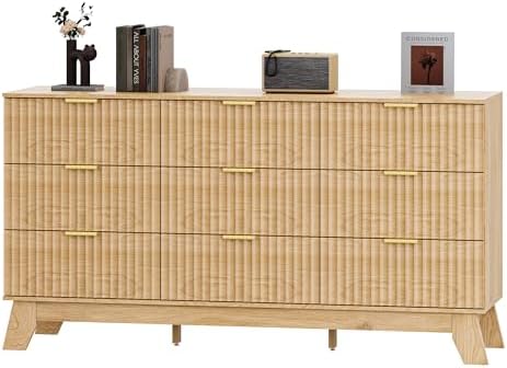 HUANLEGO Fluted Dresser for Bedroom with 9 Drawers, Oak