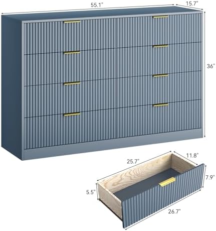 8 Drawer Dresser for Bedroom, Modern Fluted Double Dresser, 55" Wide Chest of Dressers, Mid Century Wooden Beside Table for Closet, Living Room and Entryway, Blue
