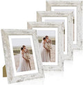 Hongkee 5x7 Picture Frame Set of 4, Made of Real Glass and Distressed White Wooden Frame, 5 by 7 Photo for Wall or Tabletop - Display Picture 4x6 with Mat or 5x7 Without Mat