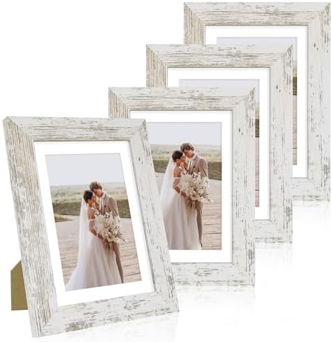 Hongkee 5x7 Picture Frame Set of 4, Made of Real Glass and Distressed White Wooden Frame, 5 by 7 Photo for Wall or Tabletop - Display Picture 4x6 with Mat or 5x7 Without Mat