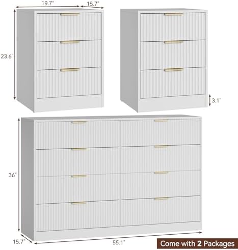 3 Pcs White 8 Drawer Dresser & 3-Drawer Nightstand Set丨Tall Fluted Dresser and Night Stand Set of 2 with Metal Handle, Modern Wood Chest of Drawers Storage Dressers Set for Bedroom