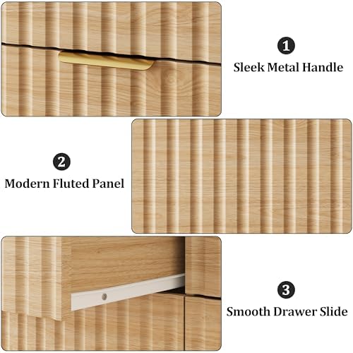Fluted 3 Drawer Dresser for Bedroom, 30" Tall Modern Dressers, Natural Oak